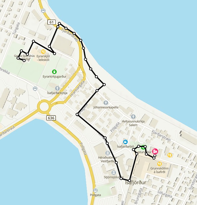 Kort með hugmynd af göngu á Ísafirði