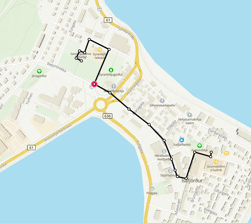 Kort með hugmynd af göngu á Ísafirði