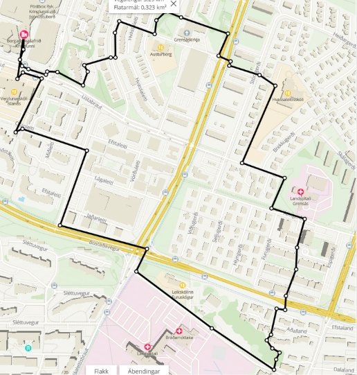Leiðarlýsing göngunnar frá Borgarbókasafninu í Kringlunni Bókmenntaganga í tilefni kvennaárs. Mynd af leiðinni sem var farin frá bókasafninu i Kringlunni