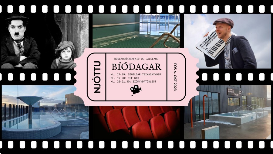 Myndafilma í bakgrunn, gamaldags bíómiði í miðjunni