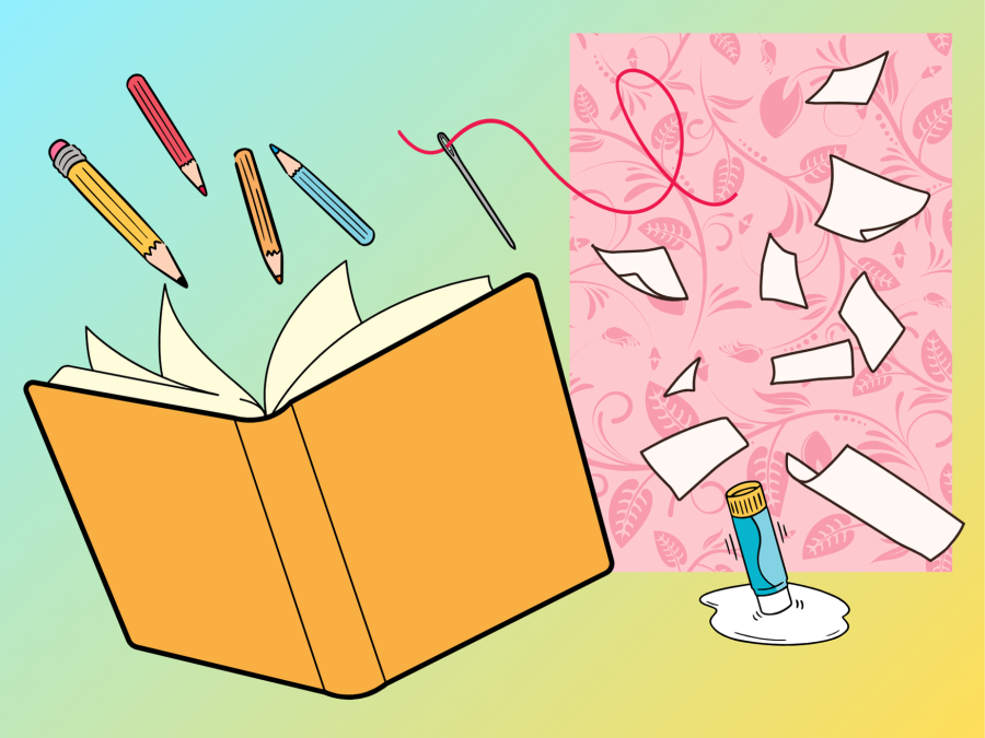 A graphic of various tools needed for bookbinding.