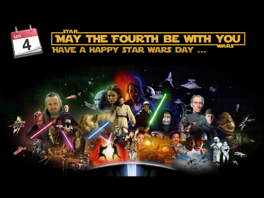 Aðalpersónurnar úr Star Wars og textinn May the fourth be with you