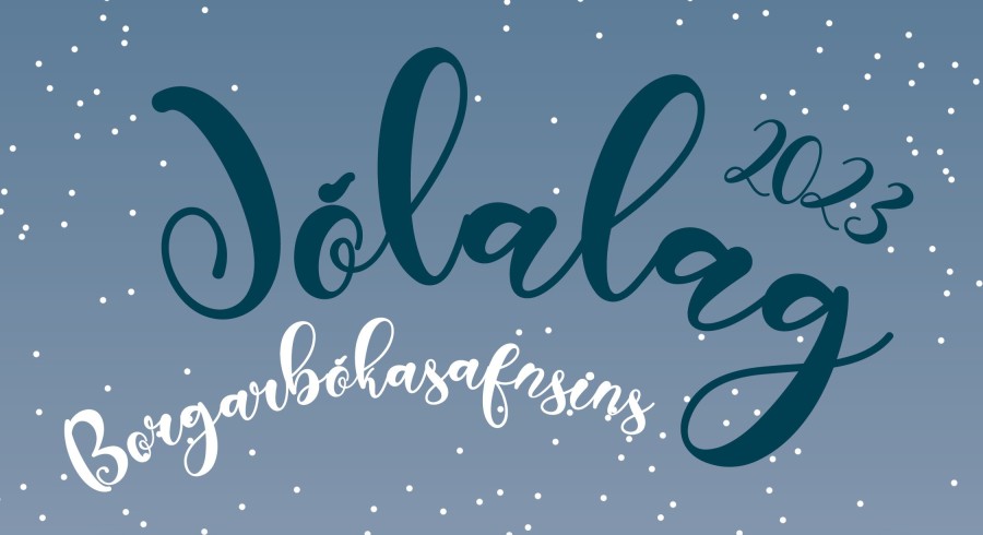 Ljós bakgrunnur með hvítum snjókornum og textinn "Jólalag 2023"