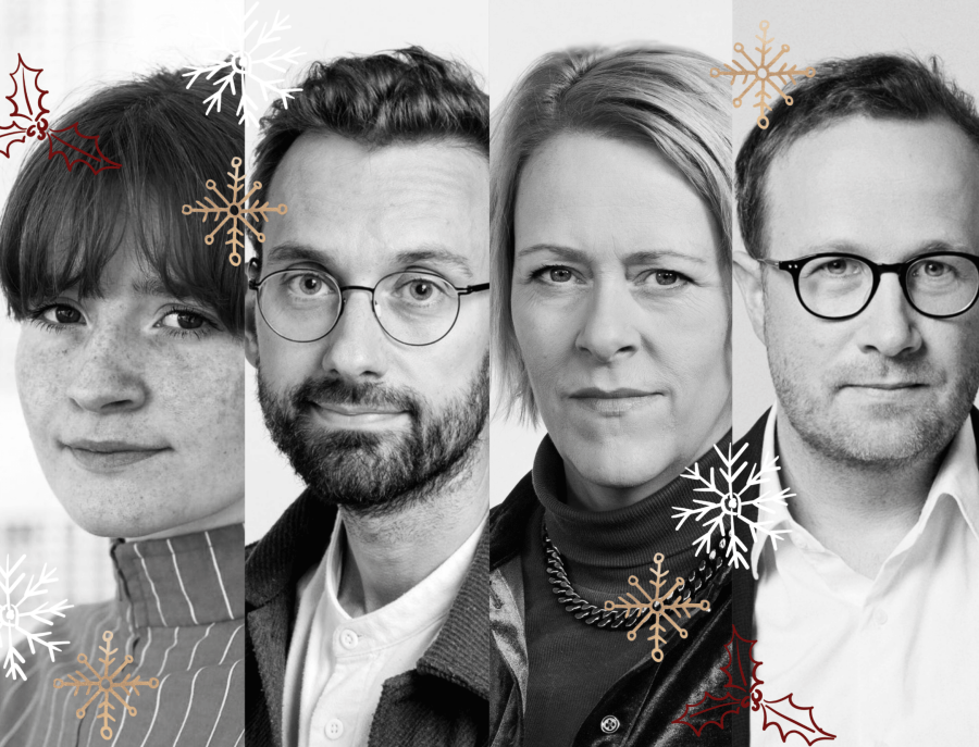 Mynd af fjórum höfundum sem munu lesa upp 16. nóvember 2025 á Borgarbókasafninu í Kringlunni. Þau eru Anri Snær, Dagur Hjartarson, Fríða Ísberg og Lilja SIgurðardóttir