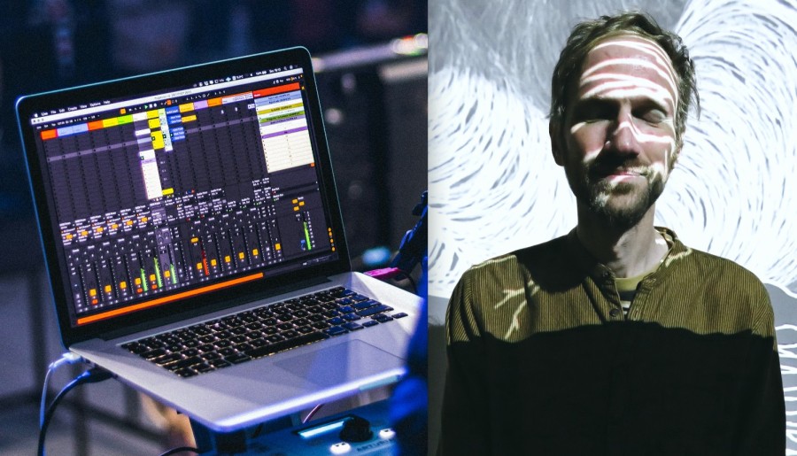 Samsett mynd, tónlistarmaðurinn Mikael Lind og tölva með Ableton forritinu