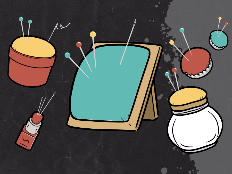 An illustration of several every day objects that have been turned into pin cushions, including a picture frame, a lipstick case and a jar.
