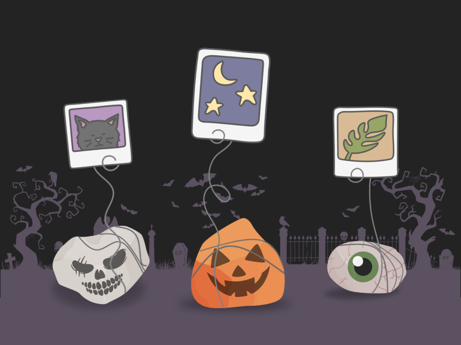Three picture holders with a halloween theme. They resemble a skull, a jack o lantern and an eye.