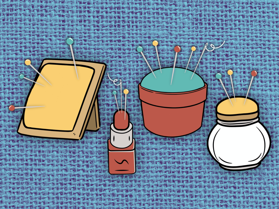 Several household items that have been transformed into pincushions, including a lipstick tube and a picture frame.