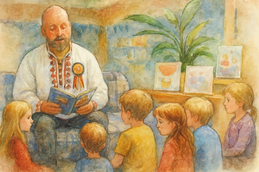 maður að lesa sögu fyrir barnahóp