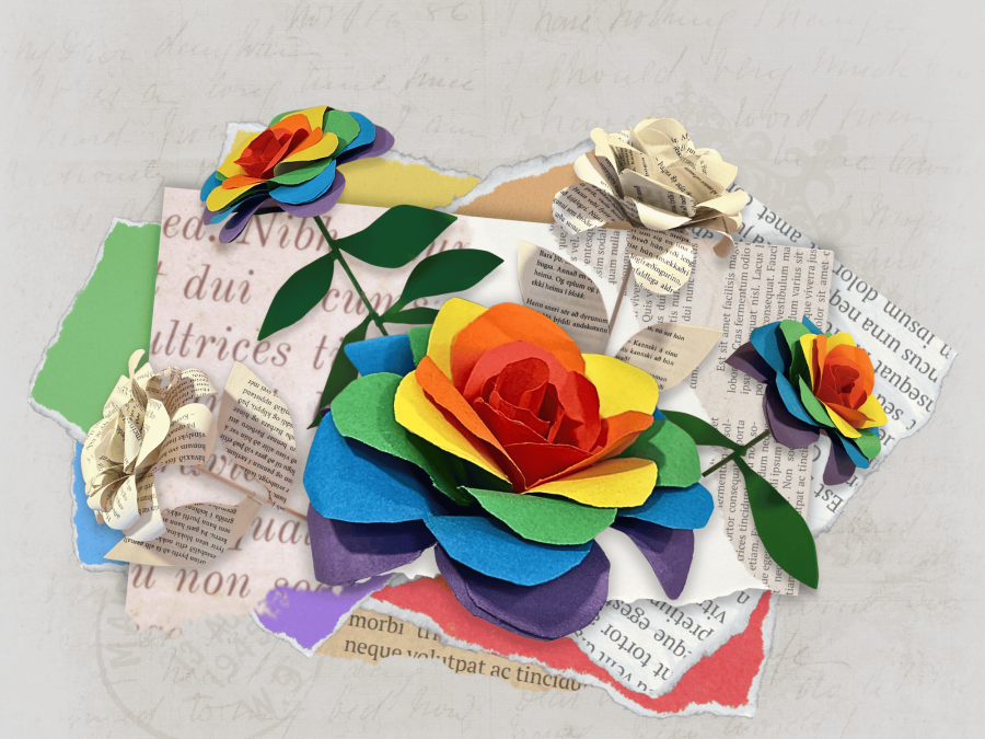 A collage of several paper roses in various colors.