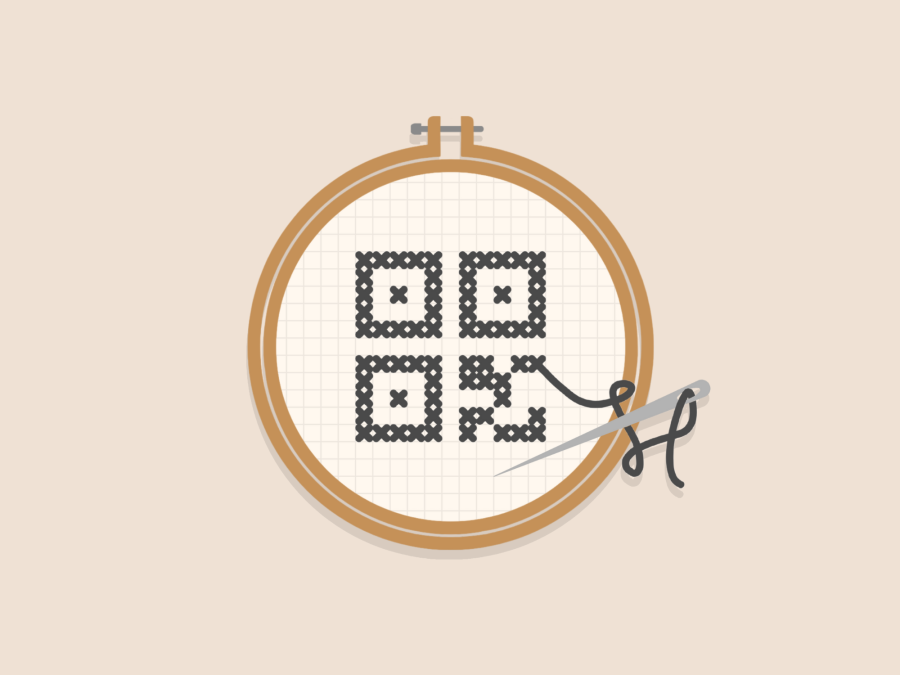 An illustration showing a simplified cross stitching hoop, with a QR code being stitched into it.