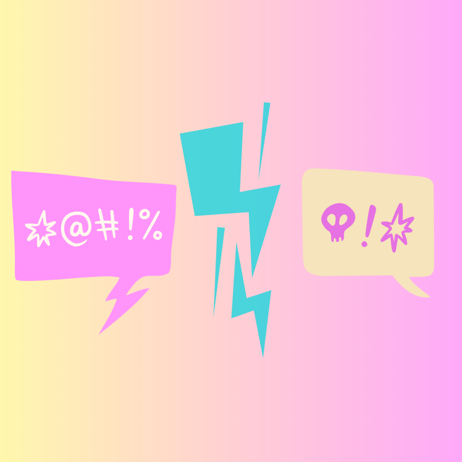 Two speech bubbles on a gradient background, both containing grawlix symbols implying curse words.