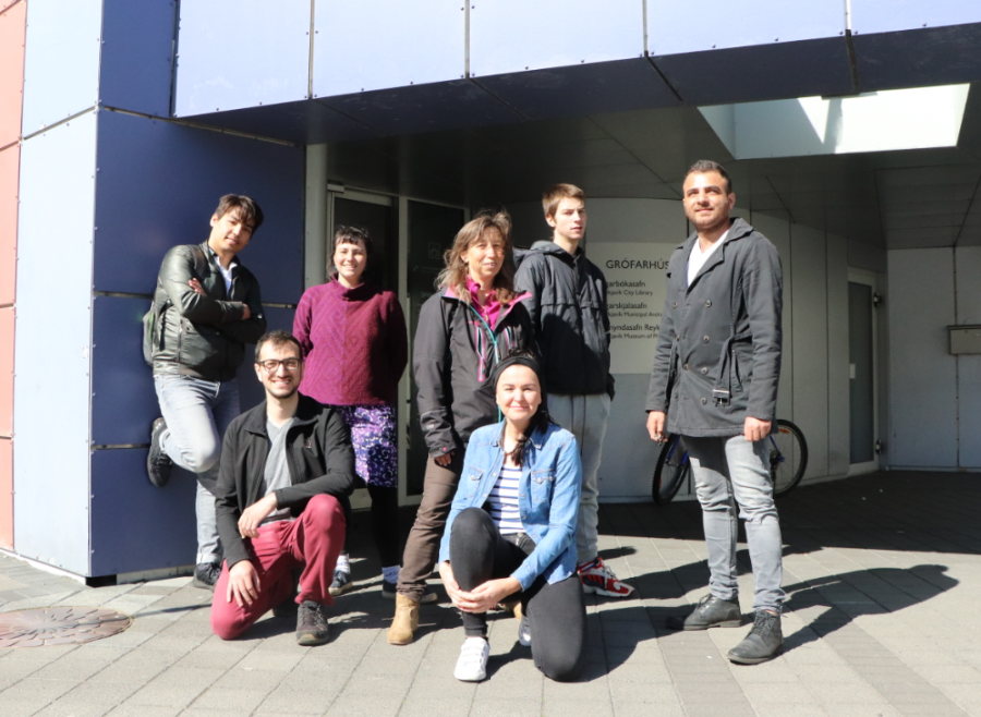 group of guides in front of library