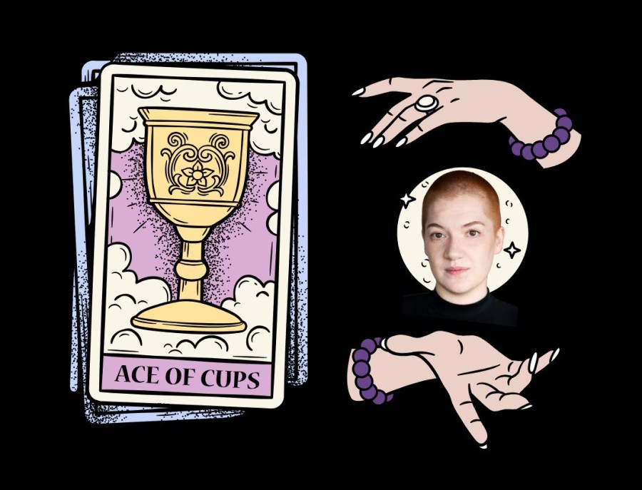 Elísabet Skagfjörð with hands above and below and ace of cups.