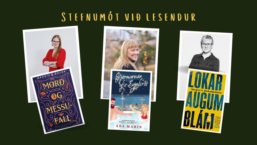 mynd af þremur bókum og höfundum þeirra