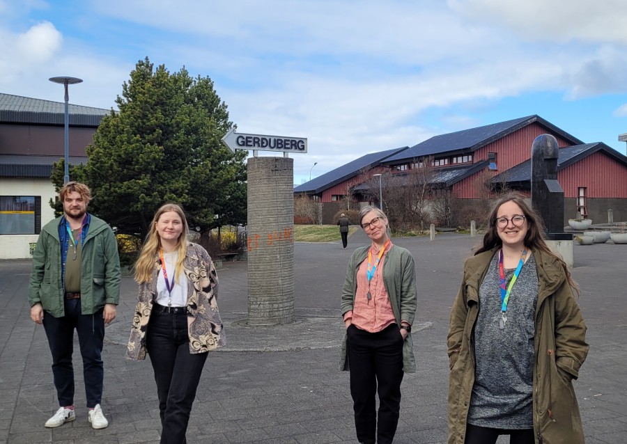 Lukas Bury with the project team of Gerðuberg calling: Svanhildur, Ilmur and Martyna Lukas Bury í Gerðubergi