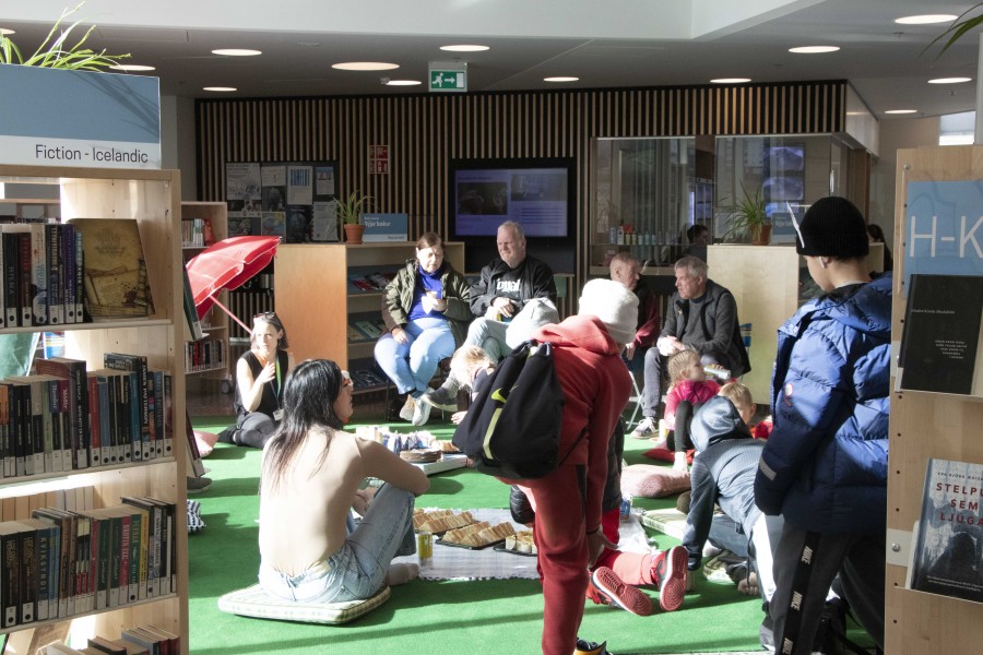 people having picnicn inside the library
